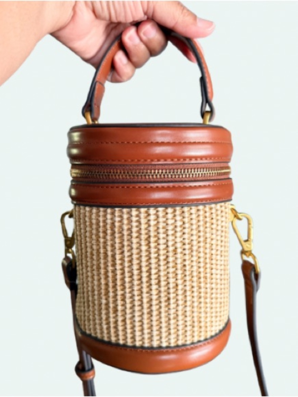 HOUSE OF HARLOW Brown Woven Straw Cylinder Crossbody Bucket Bag Top Handle
